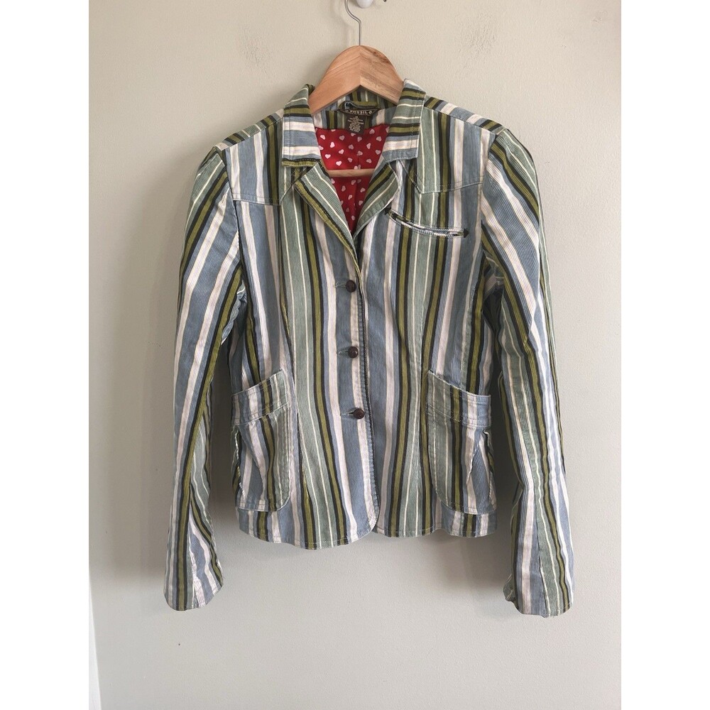Fossil Women Size M Multicolor Striped Heart Red Lined Blazer Jacket Rare